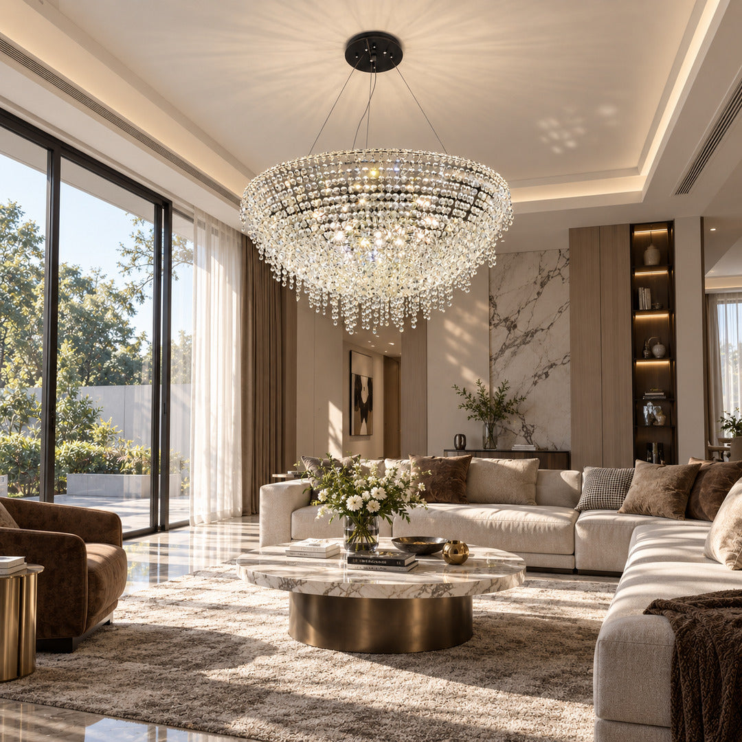 Fiocco crystal chandelier adding sparkle to a modern living room