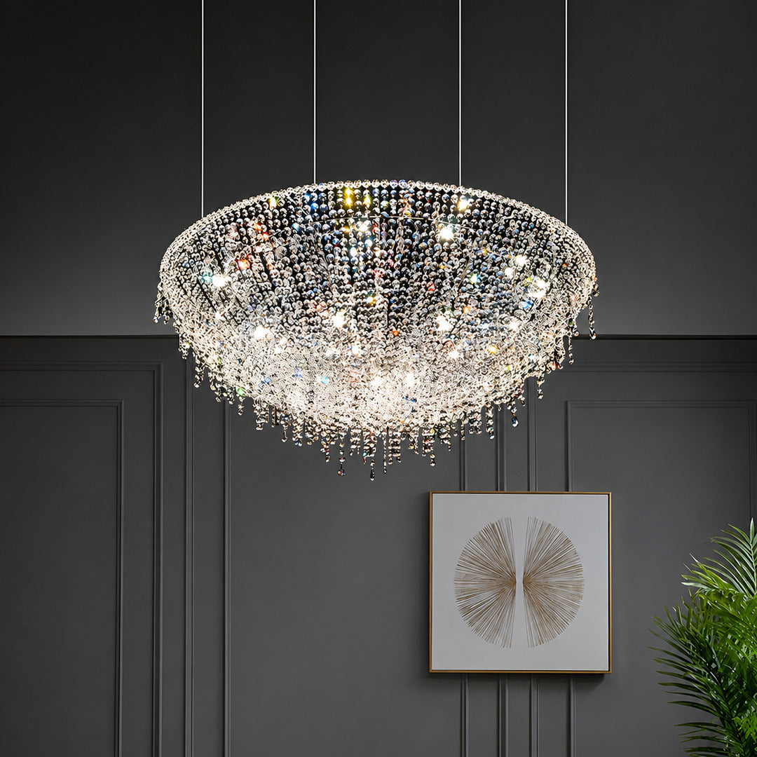 23.6-inch Fiocco crystal chandelier over a round dining table