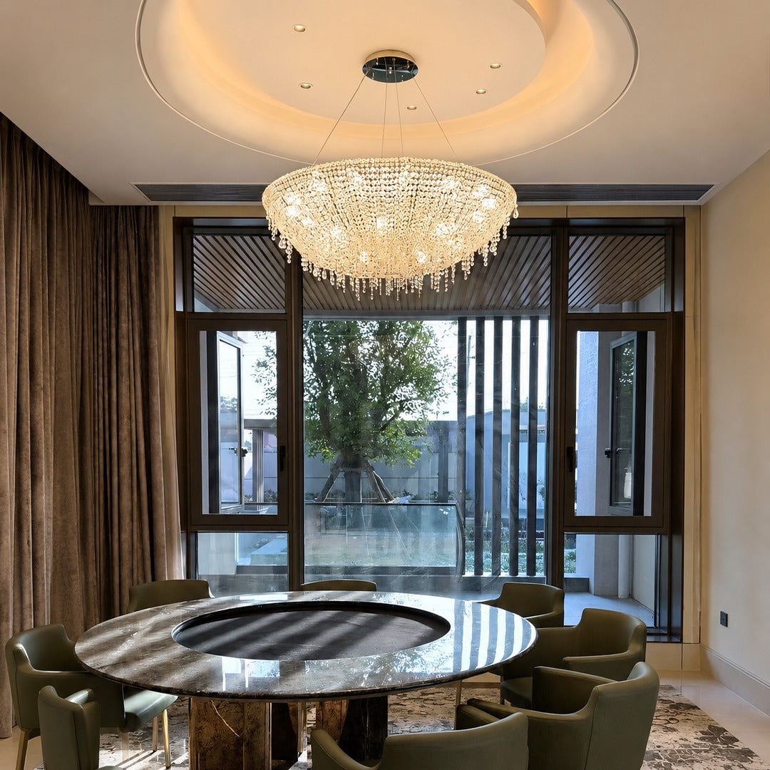 Fiocco crystal chandelier sparkling above a dining room table