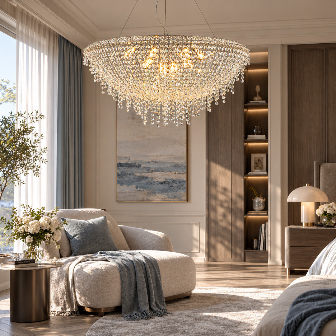 Fiocco crystal chandelier sparkling in a walk-in closet dressing area