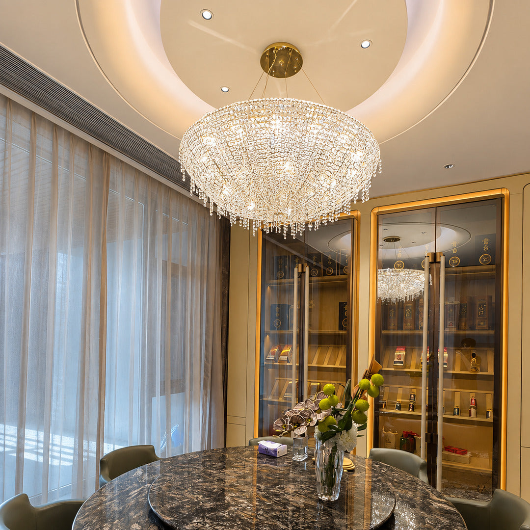 Fiocco crystal chandelier sparkling above a dining room table