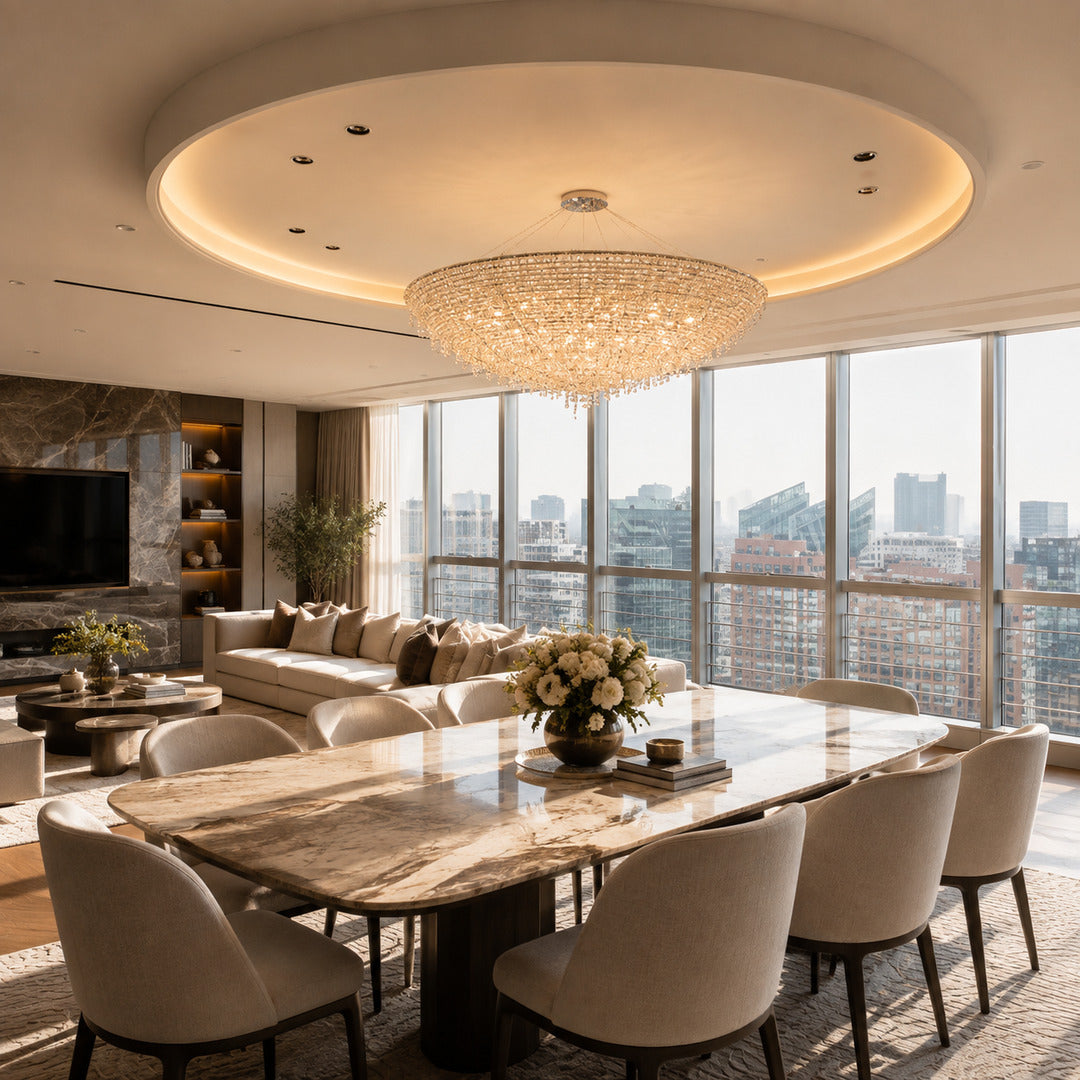 Fiocco crystal chandelier sparkling above a dining room table
