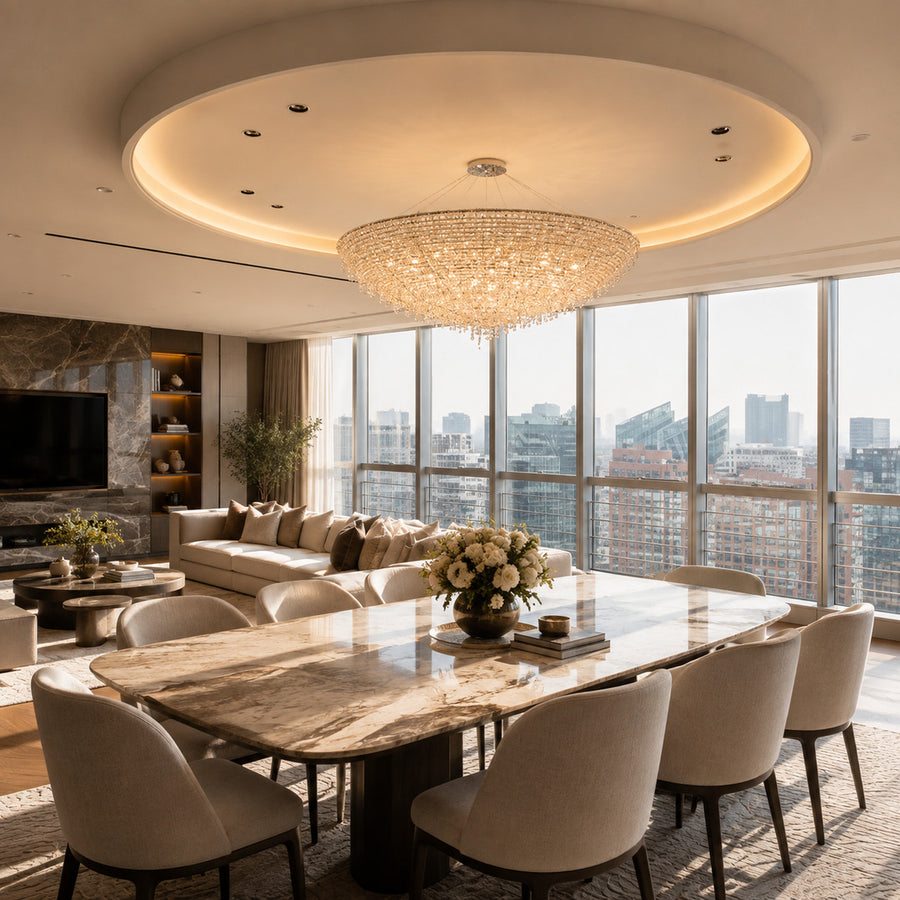 Fiocco crystal chandelier sparkling above a dining room table