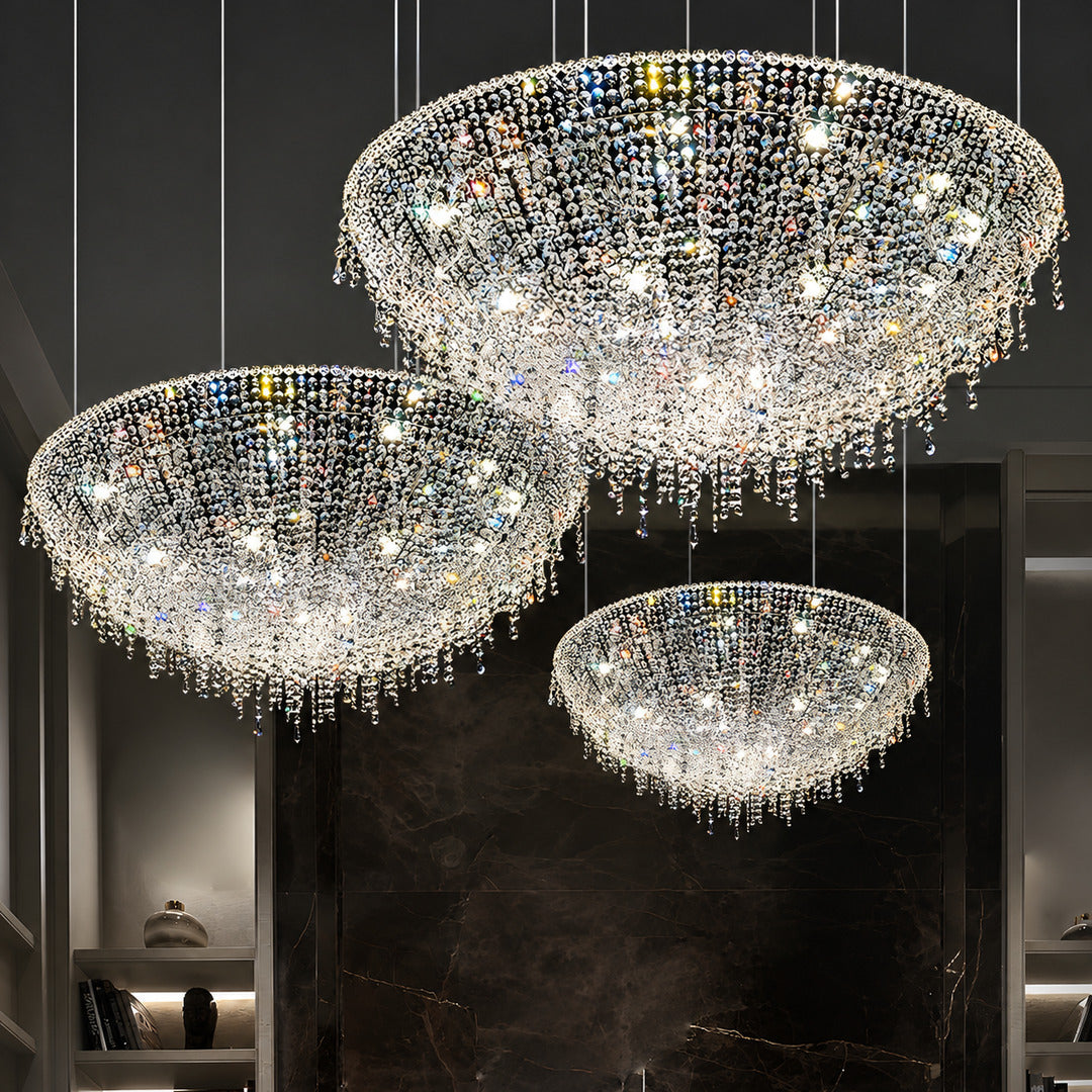 Fiocco crystal chandelier adding sparkle to a modern living room