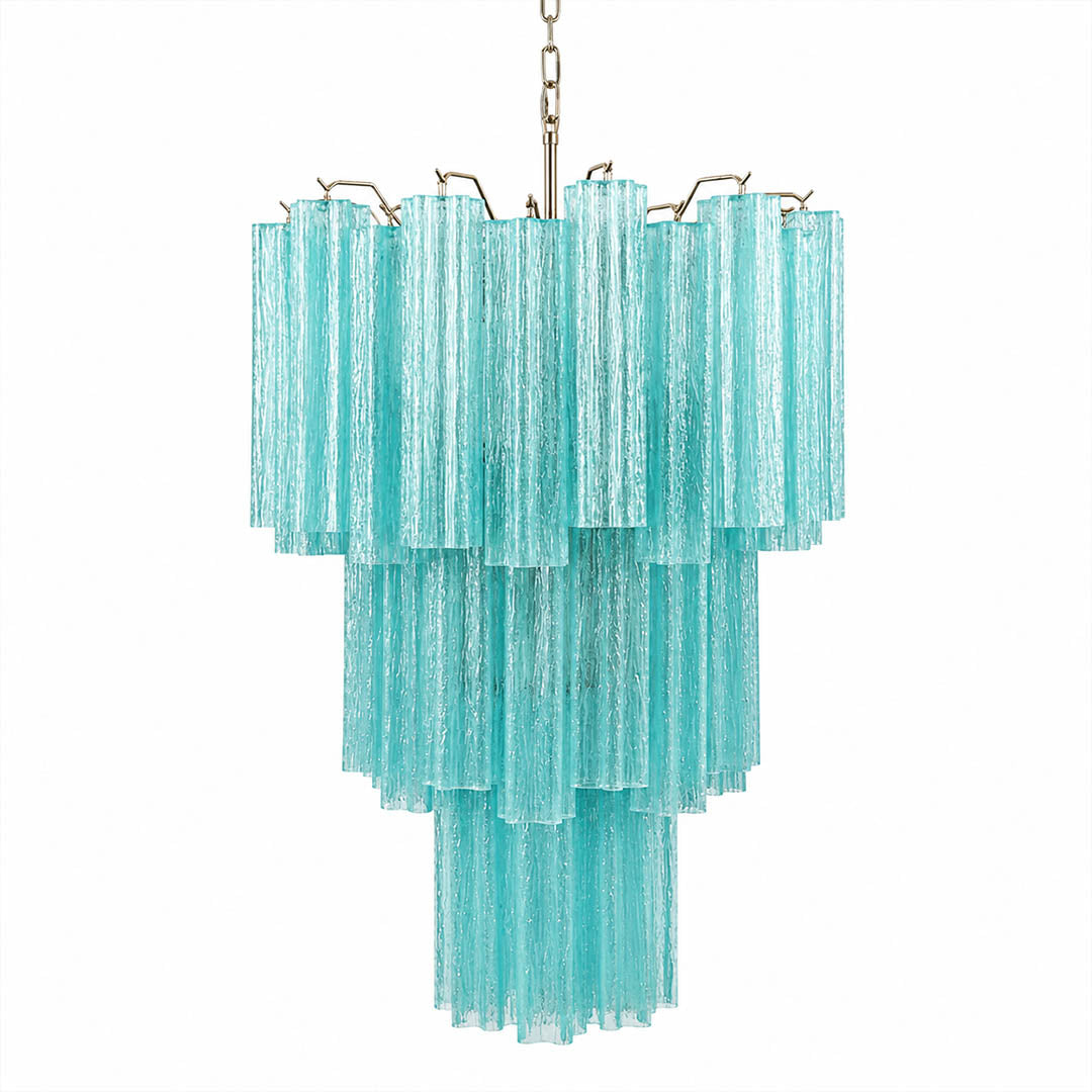 Fiora Murano glass tube chandelier 26 inch blue ocean hand blown Italian vertical tubes nickel silver frame modern statement sculptural contemporary Italian coastal white background