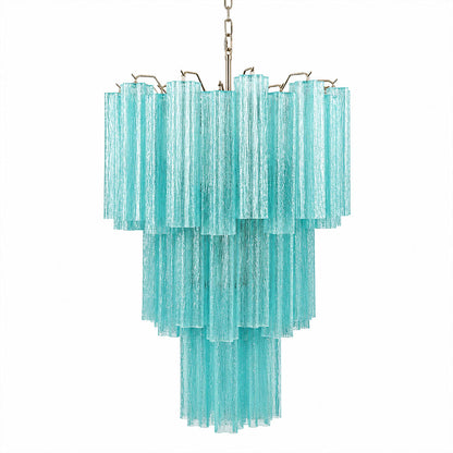 Fiora Murano glass tube chandelier 26 inch blue ocean hand blown Italian vertical tubes nickel silver frame modern statement sculptural contemporary Italian coastal white background