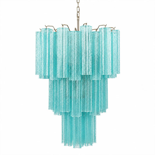 Fiora Murano glass tube chandelier 26 inch blue ocean hand blown Italian vertical tubes nickel silver frame modern statement sculptural contemporary Italian coastal white background