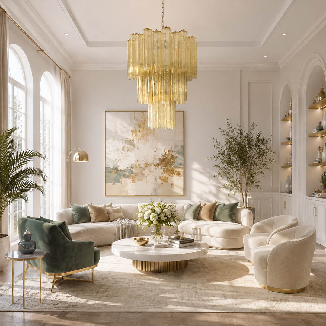 Fiora yellow Murano glass tube chandelier modern dining room Italian contemporary walnut table statement sculptural nickel warm glow lifestyle interior