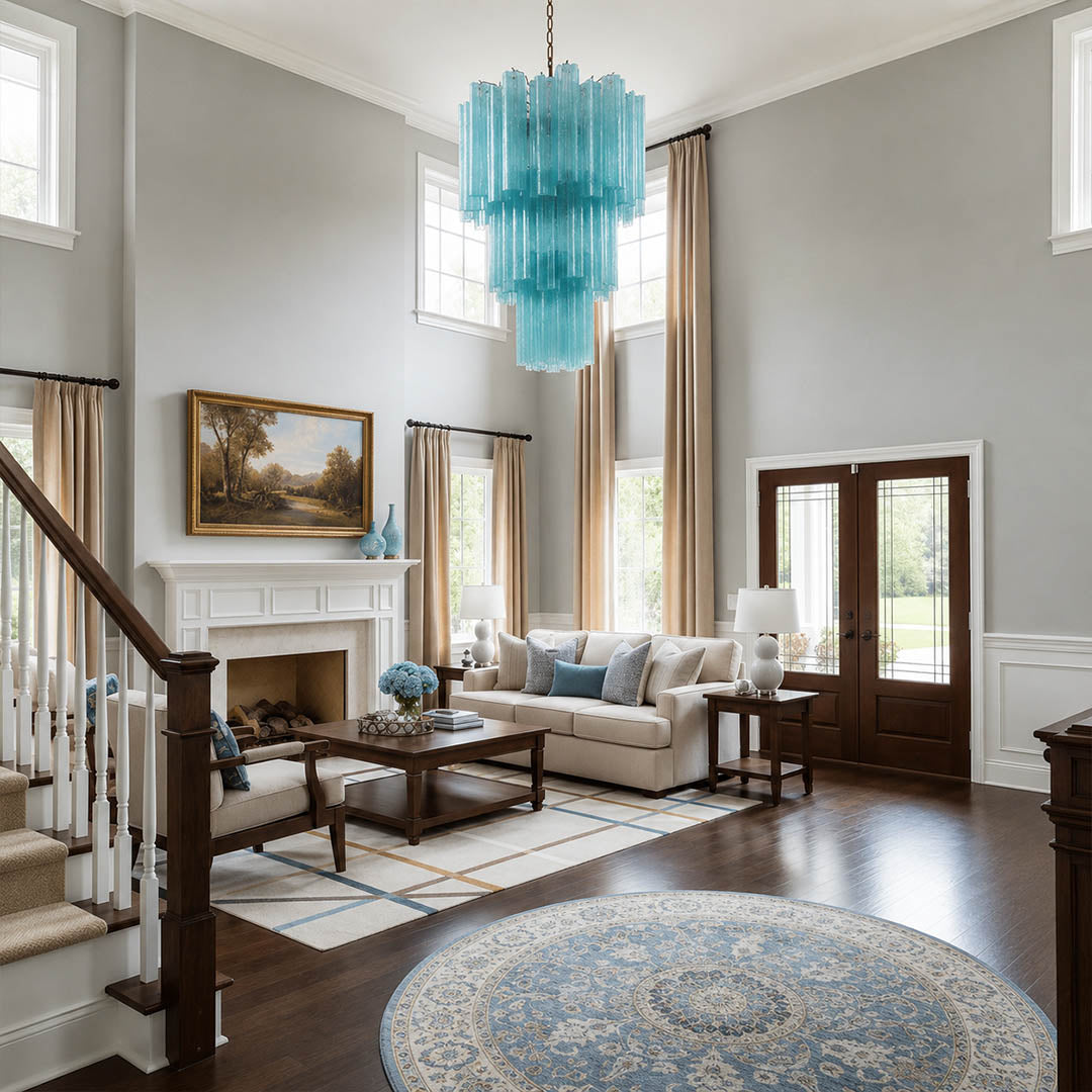Fiora yellow Murano glass tube chandelier grand foyer loft double height statement modern Italian sculptural contemporary nickel warm glow lifestyle interior