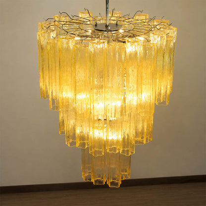 Fiora yellow Murano tube chandelier side angle full view detail vertical tubes nickel Italian modern statement contemporary white background