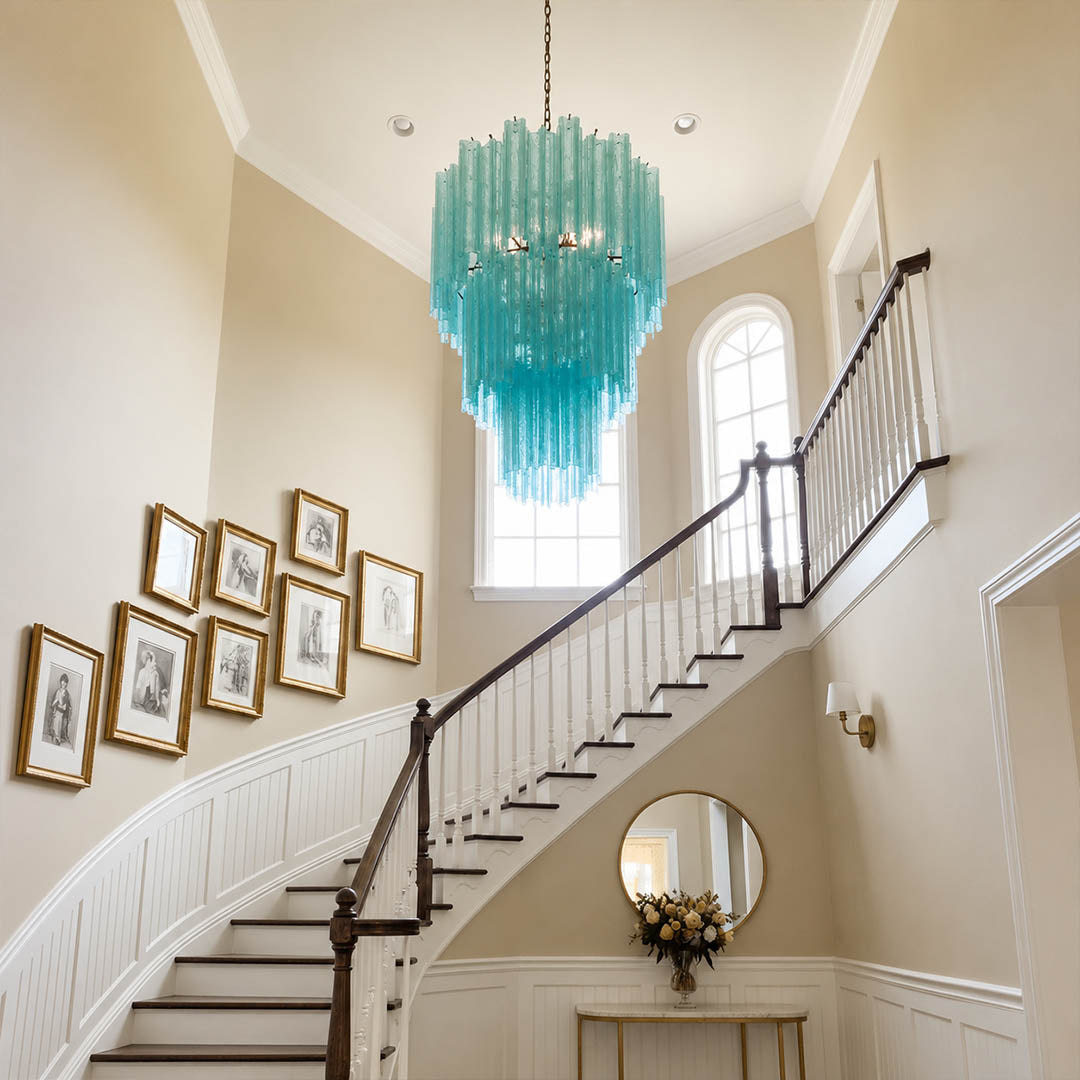 Fiora yellow Murano glass tube chandelier grand foyer loft double height statement modern Italian sculptural contemporary nickel warm glow lifestyle interior