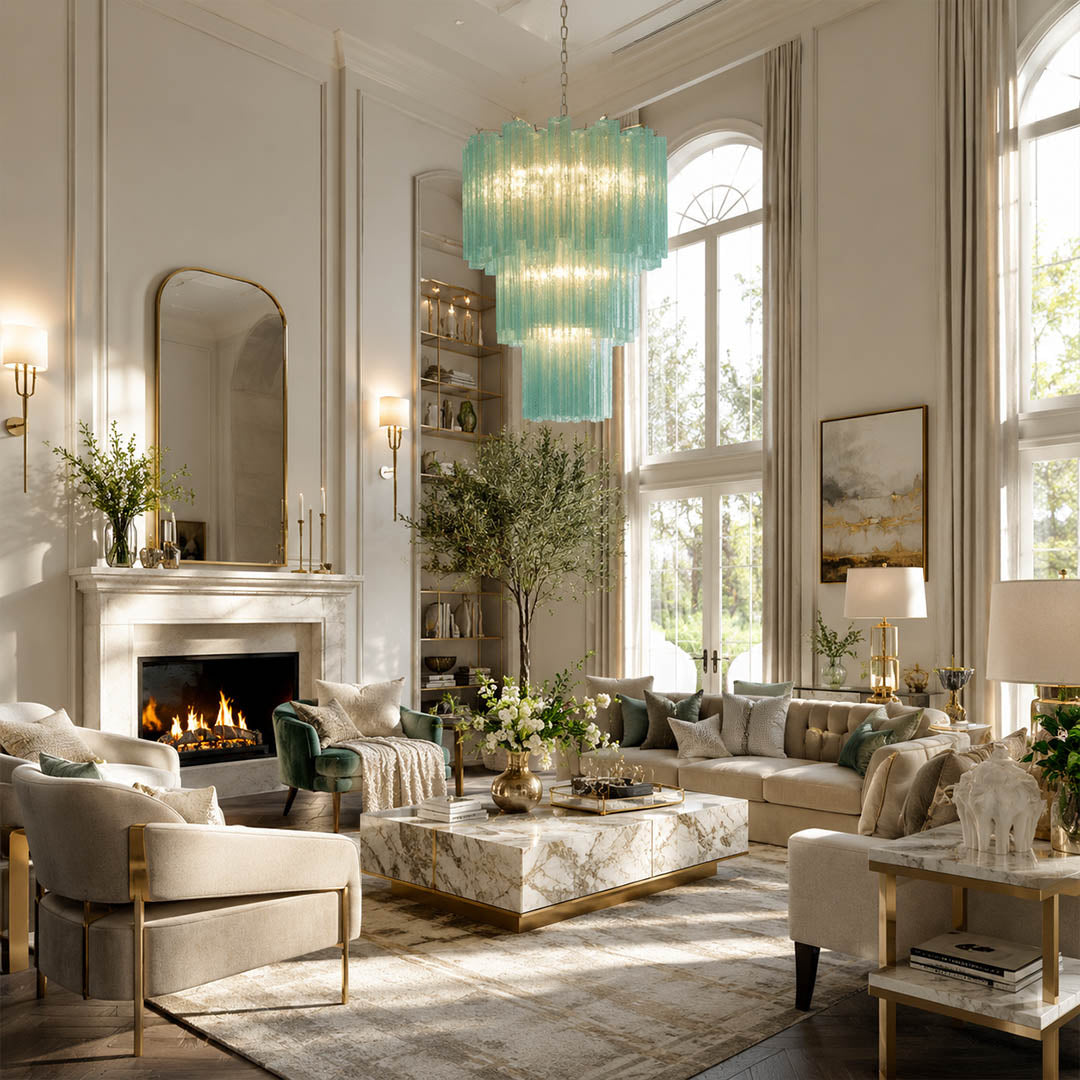 Fiora blue Murano glass tube chandelier modern living room contemporary Italian sculptural statement nickel coastal warm glow lifestyle interior