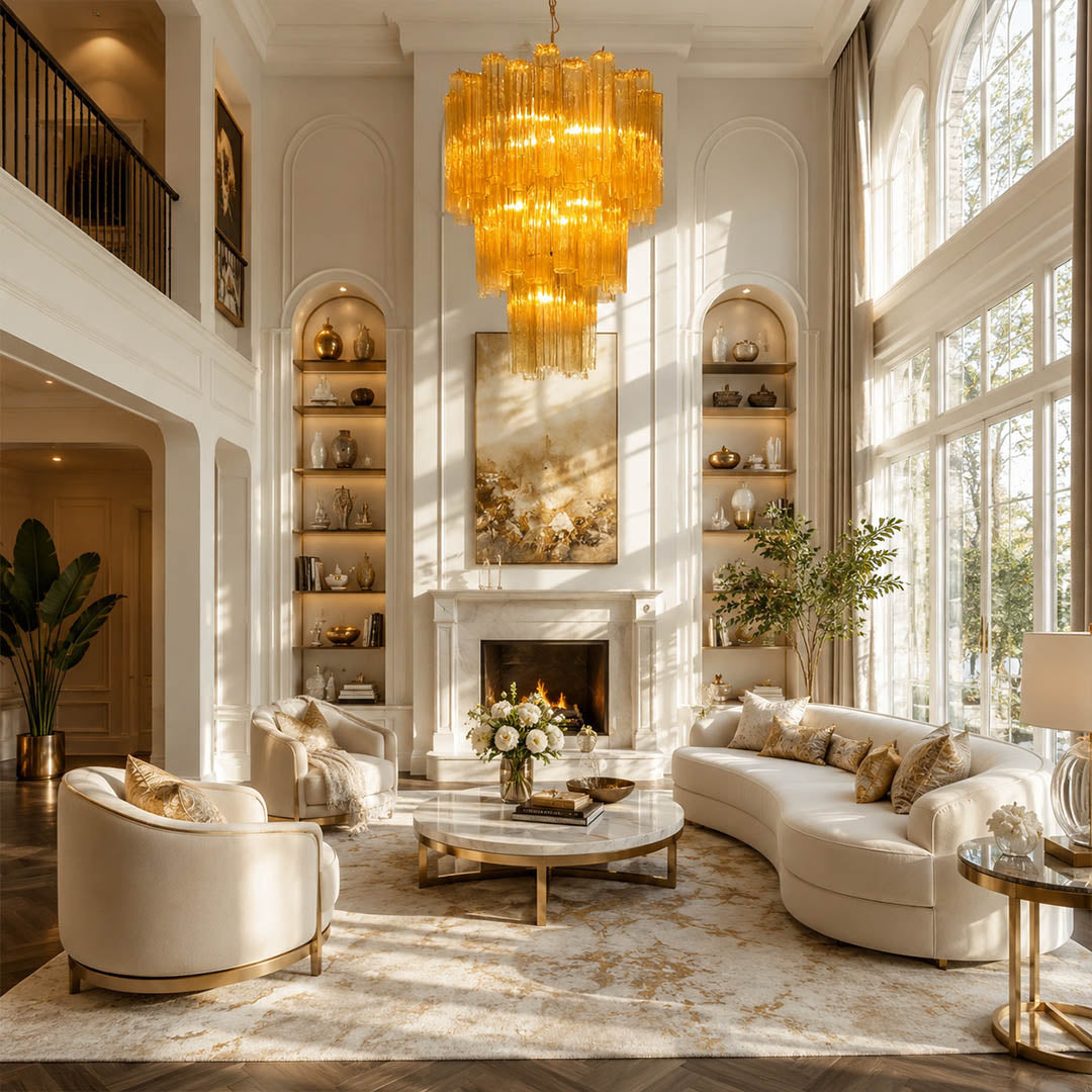 Fiora yellow Murano glass tube chandelier grand foyer loft double height statement modern Italian sculptural contemporary nickel warm glow lifestyle interior