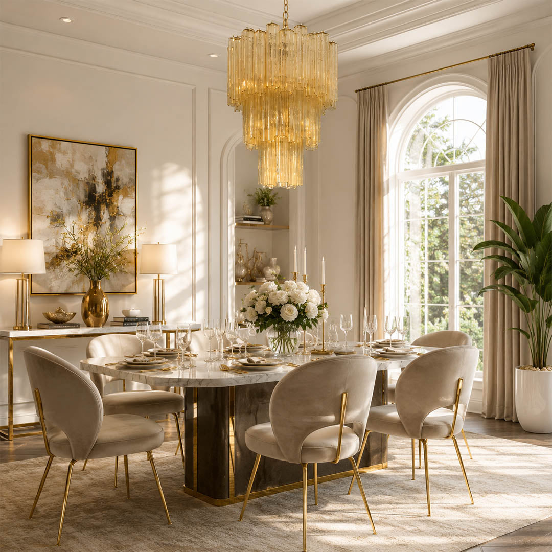 Fiora yellow Murano glass tube chandelier modern dining room Italian contemporary walnut table statement sculptural nickel warm glow lifestyle interior