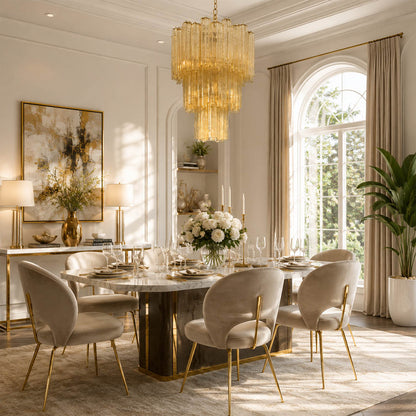 Fiora yellow Murano glass tube chandelier modern dining room Italian contemporary walnut table statement sculptural nickel warm glow lifestyle interior