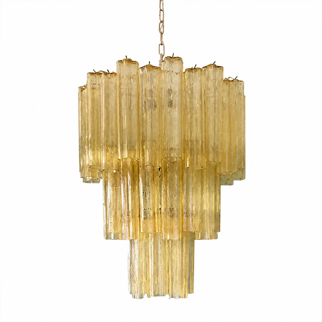 Fiora Murano glass tube chandelier 26 inch yellow golden hand blown Italian vertical tubes nickel silver frame modern statement sculptural contemporary Italian white background