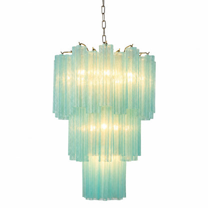 Fiora Murano glass tube chandelier 26 inch blue ocean hand blown Italian vertical tubes nickel silver frame modern statement sculptural contemporary Italian coastal white background