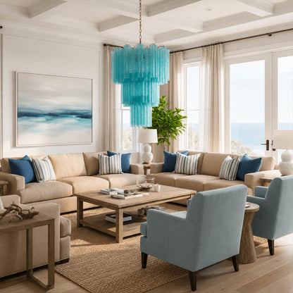 Fiora blue Murano glass tube chandelier modern living room contemporary Italian sculptural statement nickel coastal warm glow lifestyle interior