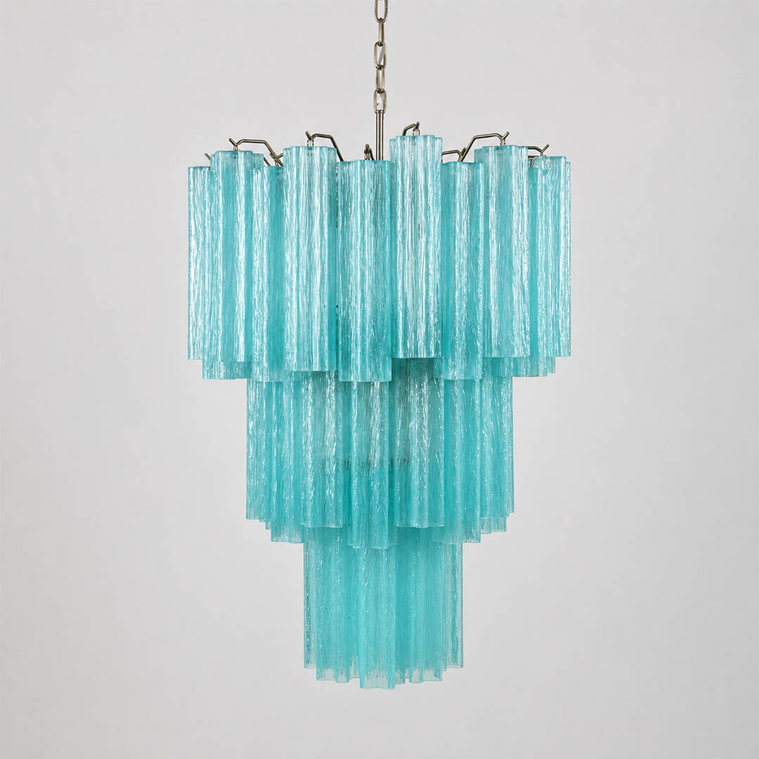 Fiora Murano glass tube chandelier 26 inch blue ocean hand blown Italian vertical tubes nickel silver frame modern statement sculptural contemporary Italian coastal white background