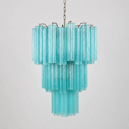 Fiora Murano glass tube chandelier 26 inch blue ocean hand blown Italian vertical tubes nickel silver frame modern statement sculptural contemporary Italian coastal white background