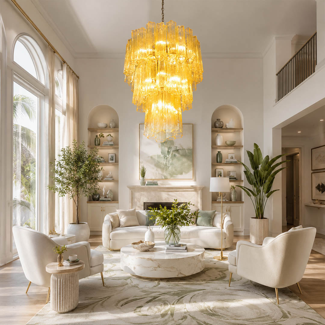 Fiora yellow Murano glass tube chandelier grand foyer loft double height statement modern Italian sculptural contemporary nickel warm glow lifestyle interior