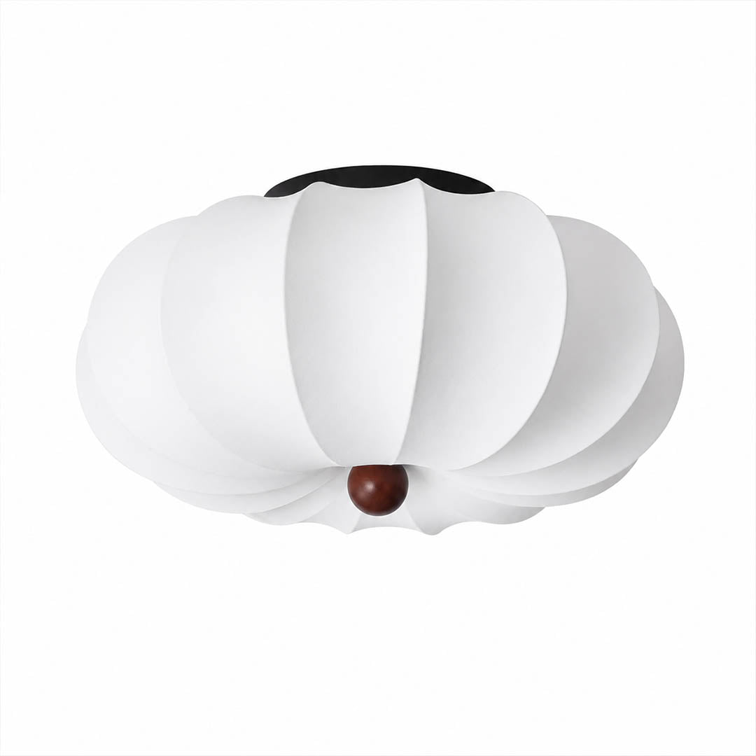 Fiora silk pleated cloud ceiling lamp large 19.7 inch white handcrafted pinstripe pleated silk shade blooming flower cloud walnut wood center integrated warm LED statement bedroom flush mount white background