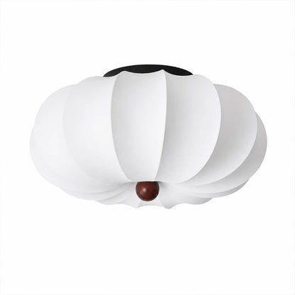 Fiora silk pleated cloud ceiling lamp large 19.7 inch white handcrafted pinstripe pleated silk shade blooming flower cloud walnut wood center integrated warm LED statement bedroom flush mount white background