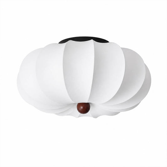 Fiora silk pleated cloud ceiling lamp large 19.7 inch white handcrafted pinstripe pleated silk shade blooming flower cloud walnut wood center integrated warm LED statement bedroom flush mount white background