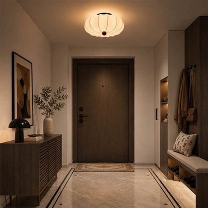 Fiora silk pleated cloud ceiling lamp modern foyer entryway Japandi minimalist welcoming walnut wood center warm diffused glow lifestyle interior