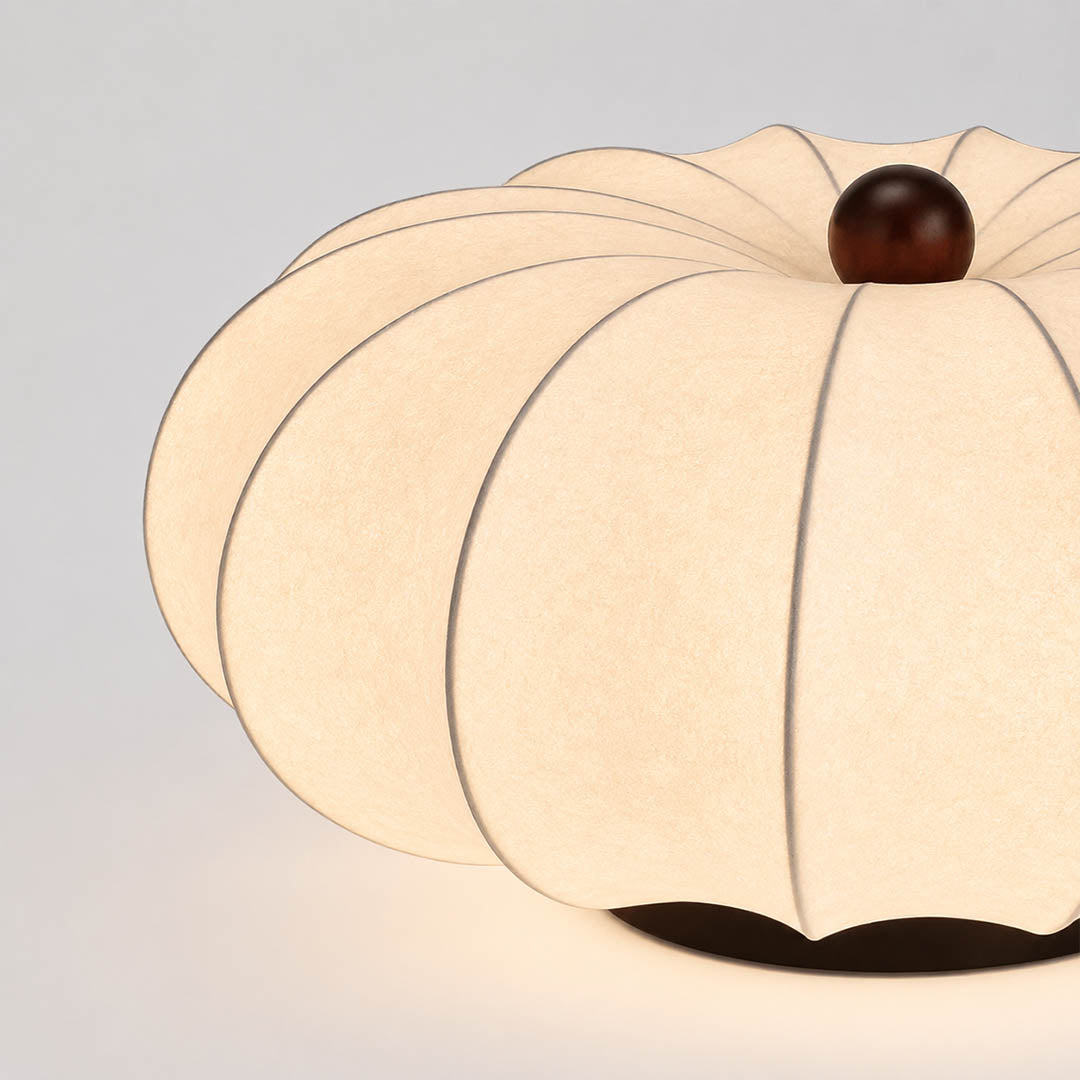 Fiora silk pleated cloud ceiling lamp illuminated warm 3000K glow evening serene diffused halo pinstripe pleats subtle luminous ambient detail close up meditation