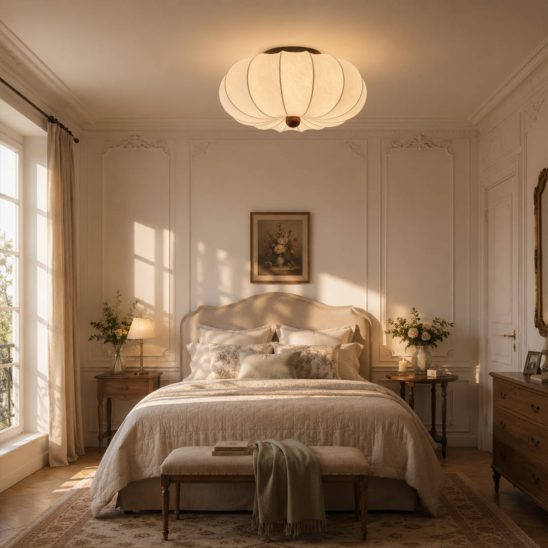 Fiora silk pleated cloud ceiling lamp Japandi primary bedroom linen oak wood warm walnut center serene minimalist warm diffused glow lifestyle interior modern