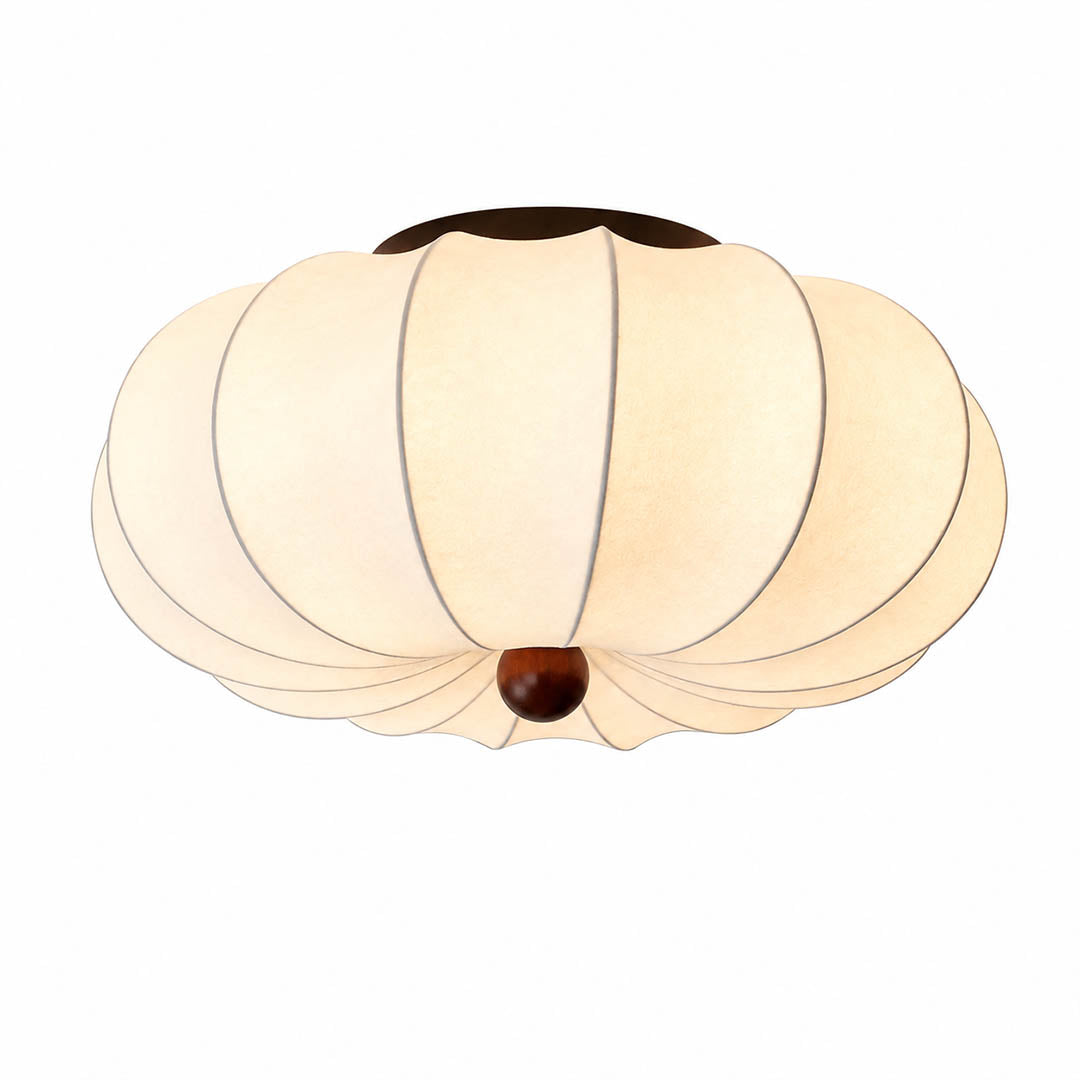 Fiora silk pleated cloud ceiling lamp medium 15.7 inch white handcrafted pinstripe pleated silk shade blooming flower cloud silhouette walnut wood center integrated warm LED Japandi flush mount white background