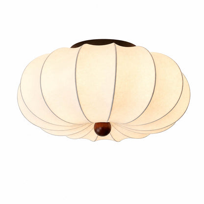 Fiora silk pleated cloud ceiling lamp medium 15.7 inch white handcrafted pinstripe pleated silk shade blooming flower cloud silhouette walnut wood center integrated warm LED Japandi flush mount white background