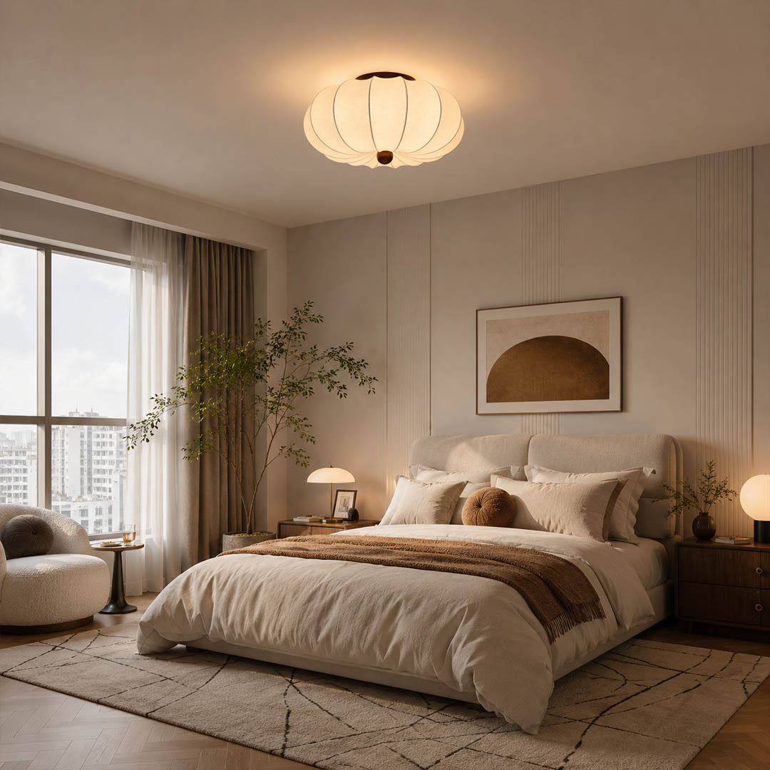 Fiora silk pleated cloud ceiling lamp Japandi primary bedroom linen oak wood warm walnut center serene minimalist warm diffused glow lifestyle interior modern
