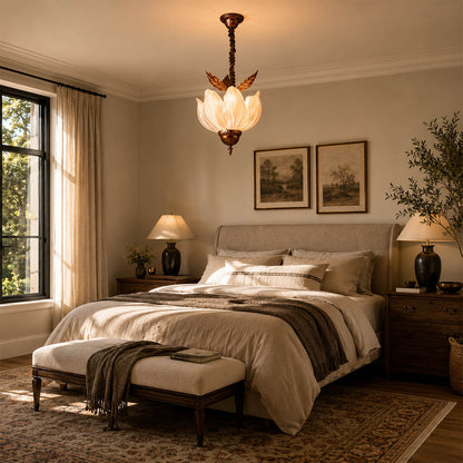 Fioria chandelier bedroom floral petal soft feminine warm glow French vintage American home lifestyle interior styled