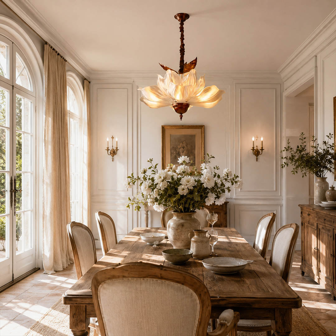 Fioria chandelier dining room above table petal floral French vintage warm glow elegant American home lifestyle interior