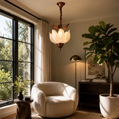Fioria chandelier breakfast nook small dining petal floral French vintage warm American home lifestyle interior styled