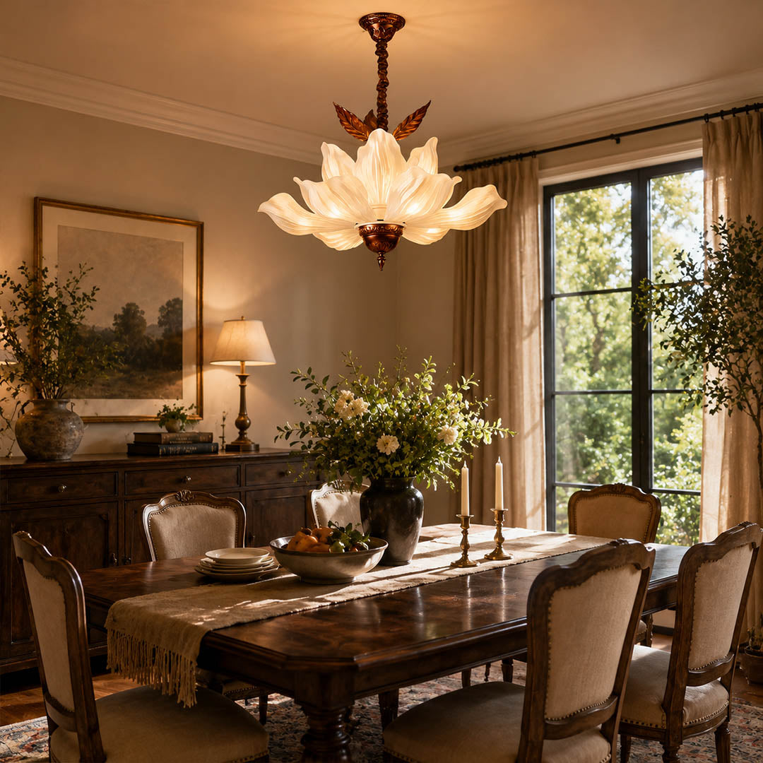 Fioria chandelier dining room above table petal floral French vintage warm glow elegant American home lifestyle interior