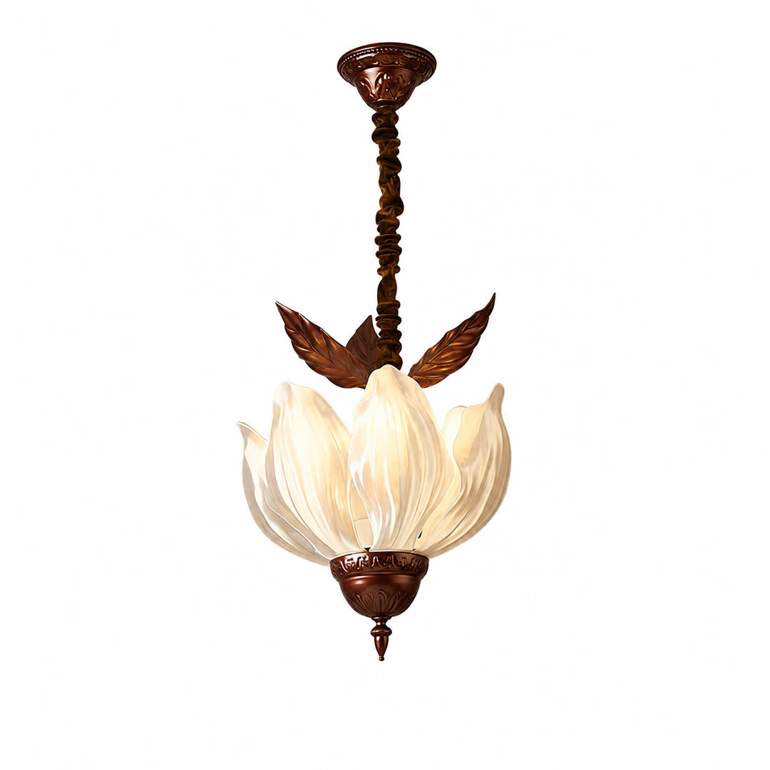 Fioria chandelier illuminated soft warm glow acrylic petals diffused floral French vintage cozy white background
