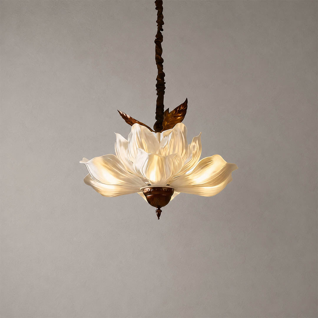 Fioria chandelier acrylic petal floral design metal frame French vintage large white background front view