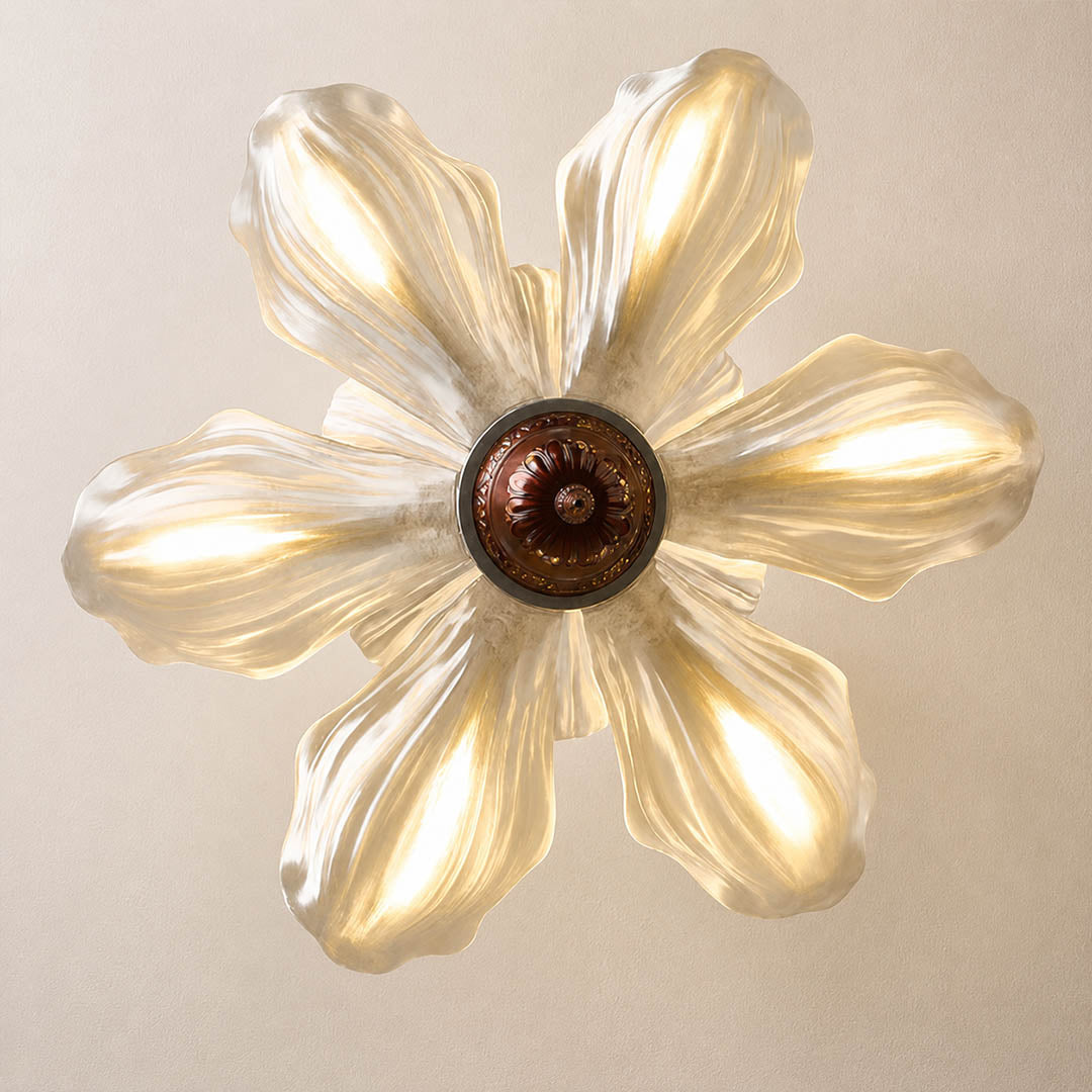 Fioria chandelier acrylic petal detail close up floral flower design translucent diffused craftsmanship