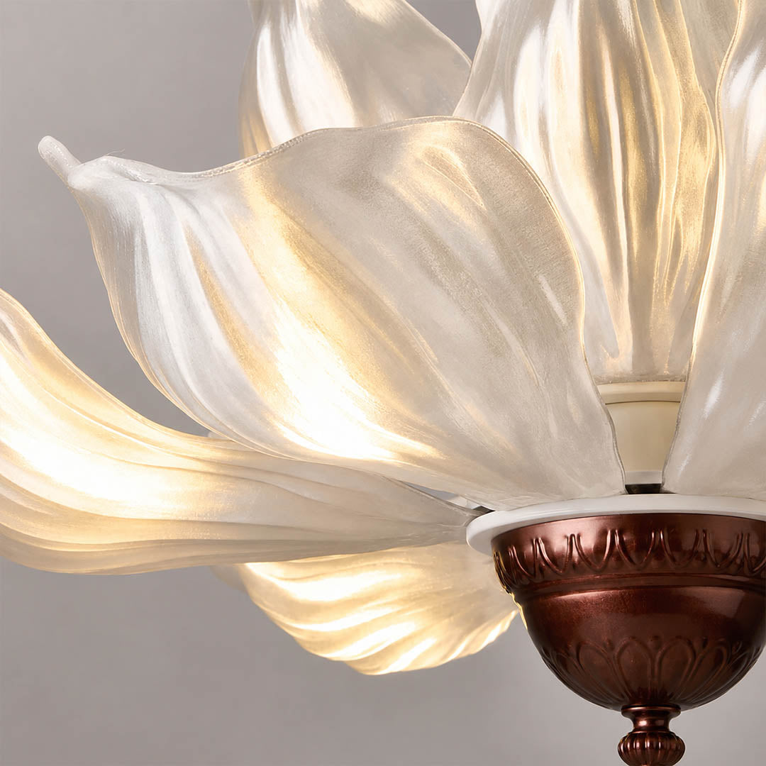 Fioria chandelier acrylic petal detail close up floral flower design translucent diffused craftsmanship