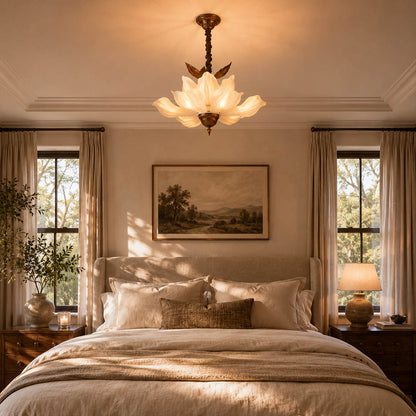 Fioria chandelier bedroom floral petal soft feminine warm glow French vintage American home lifestyle interior styled