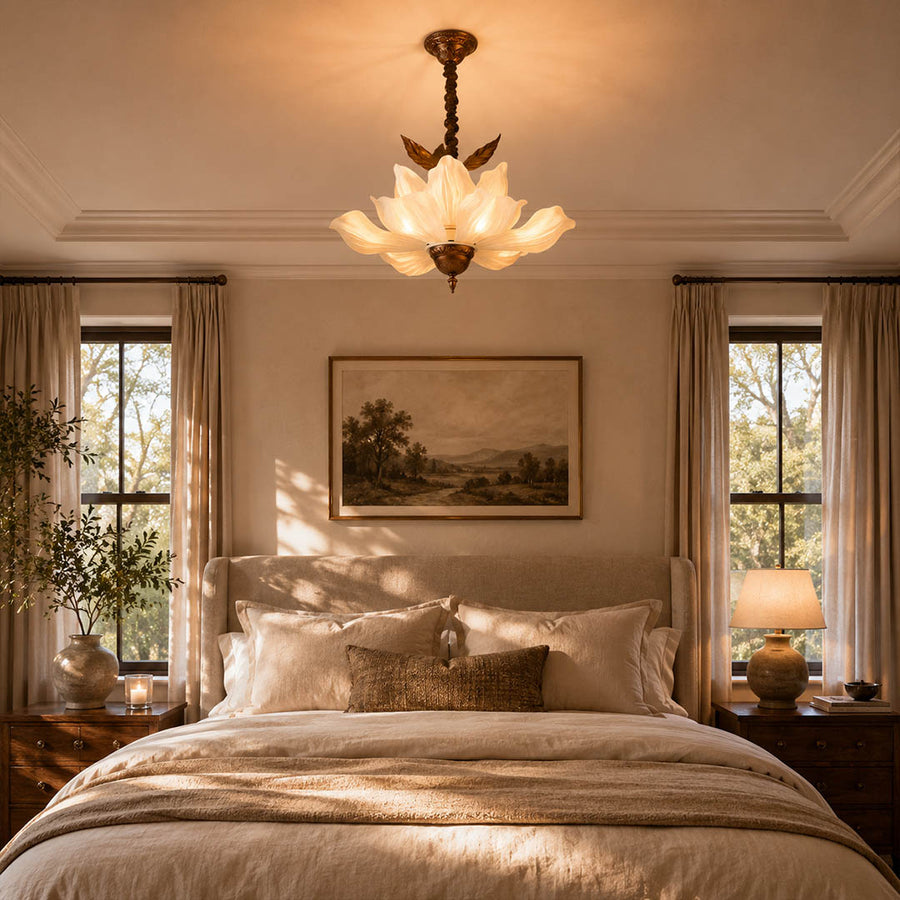 Fioria chandelier bedroom floral petal soft feminine warm glow French vintage American home lifestyle interior styled