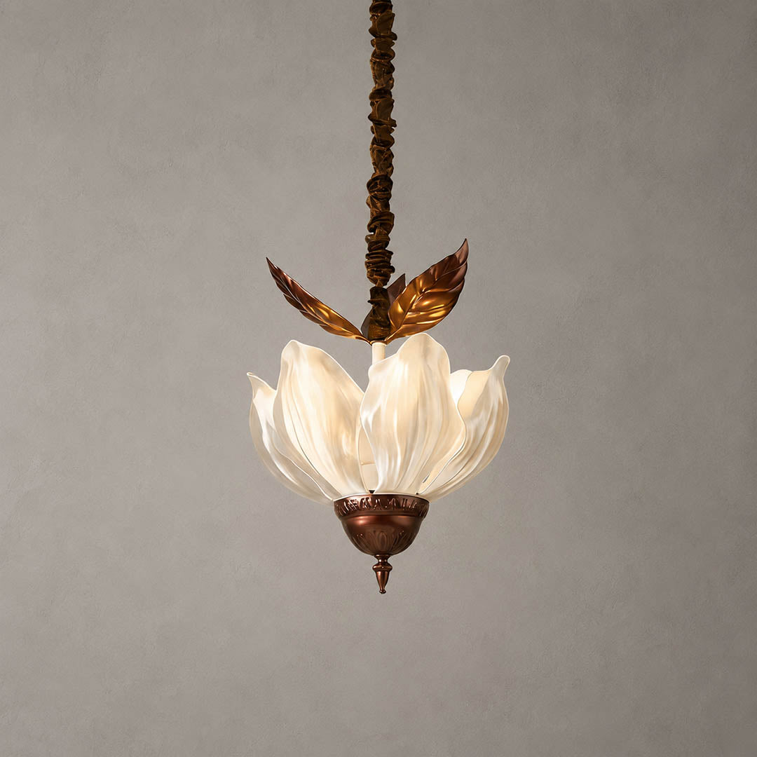 Fioria chandelier acrylic petal floral design metal French vintage small compact white background front view
