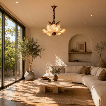 Fioria chandelier living room petal floral statement French vintage warm glow centerpiece American home lifestyle interior