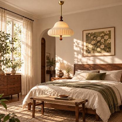 Fiorita blooming flower pendant adding a soft romantic glow above a modern bedroom