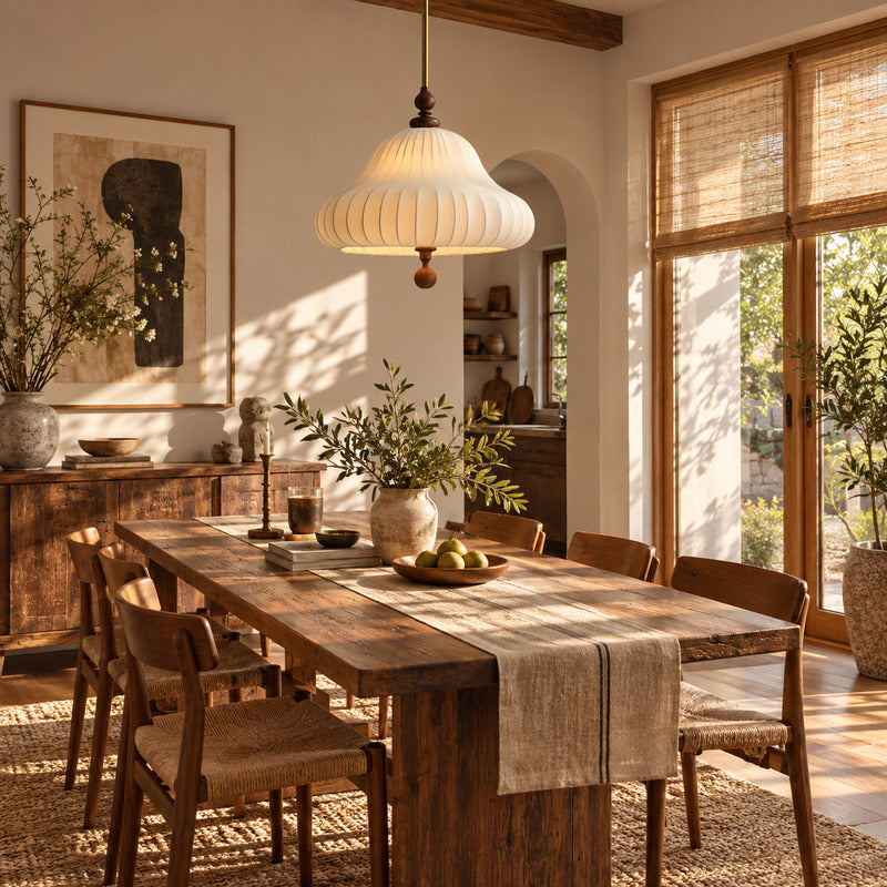 Fiorita blooming flower pendant casting a warm romantic glow over an elegant dining table