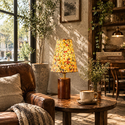 Fleur floral table lamp reading nook desk warm glow floral fabric wood cozy American home lifestyle interior styled