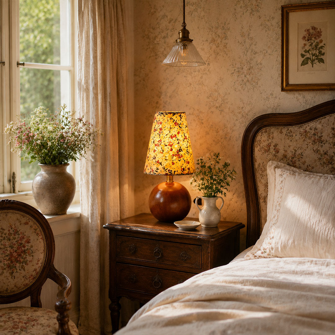Fleur floral table lamp bedroom nightstand bedside warm glow floral fabric wood vintage cozy French country American home lifestyle interior styled